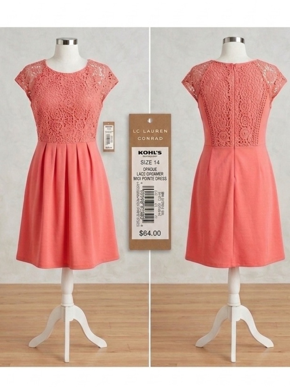 NWT Lauren Conrad Lace Dreamer Figure Flattering Dress Coral/Pink Size 14